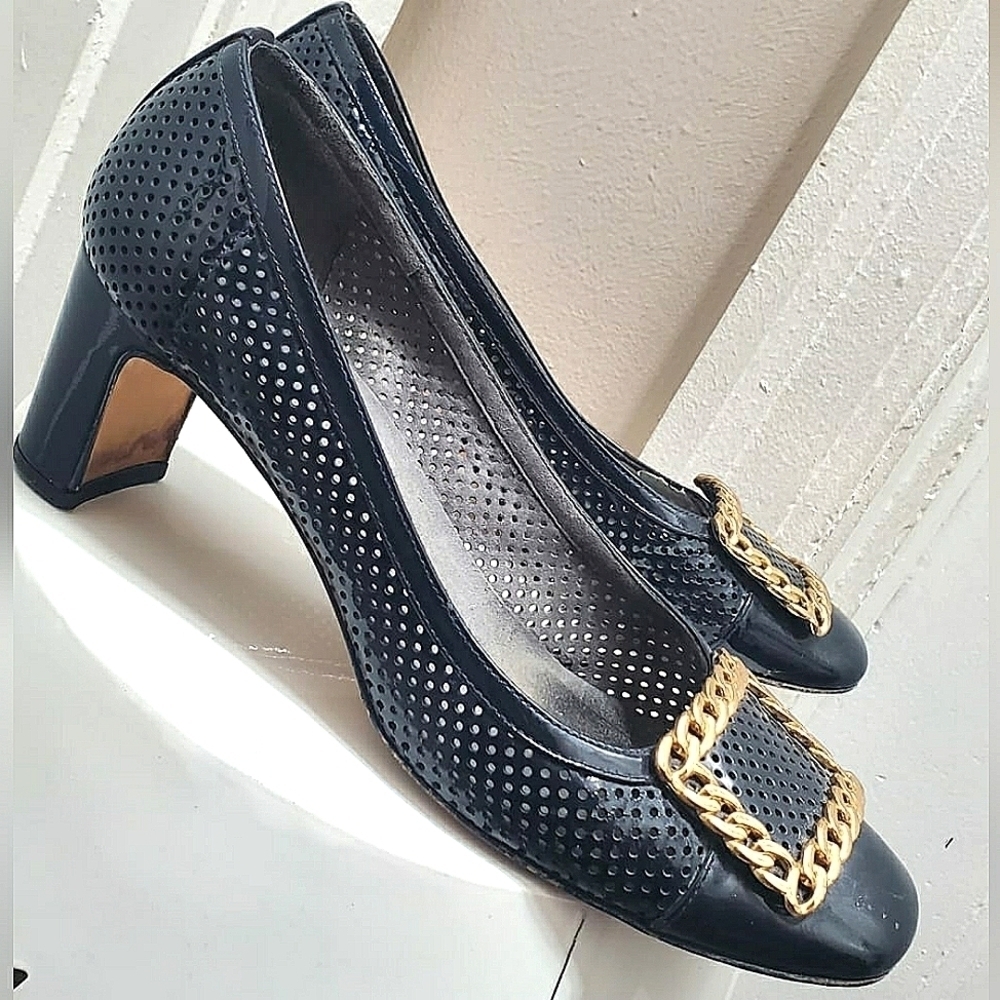 Stuart Weitzman Patent Leather Gold Crested Heeled Pumps Shoe BlueBlack 8.5 🌴✌️ - Picture 3 of 13